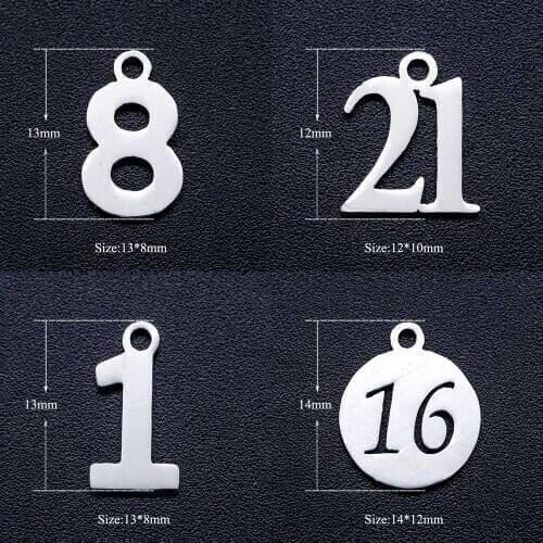 10pcs/lot Number 1-10 16 21 DIY Jewelry Charms Wholesale 100% Stainless Steel Charm for Bracelet Making Pendant Accessories