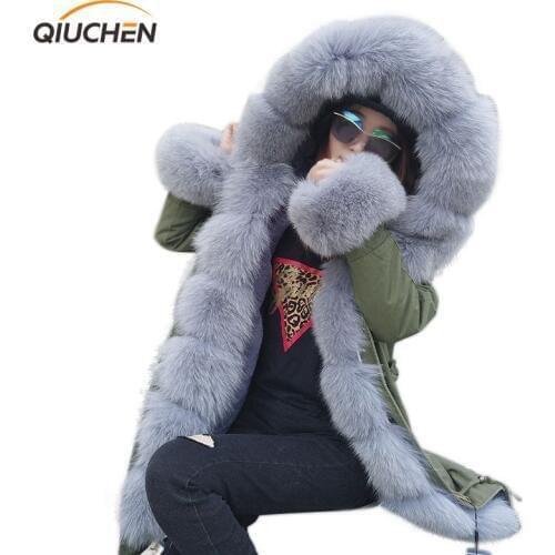 QIUCHEN PJ6007 real fur parka with real fox fur Hood and placket long model women army green coat with rex rabbit fur lining