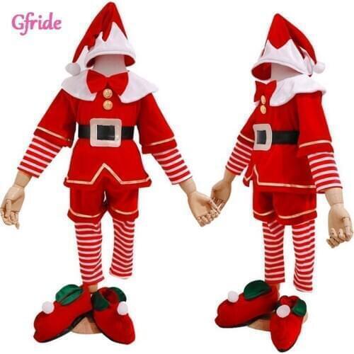 Boys Girls Christmas Red Elf Cosplay Costumes With Hat Shoes Sets Kids Clothing Fancy Party Sets Infant Clothes 1-10 Years