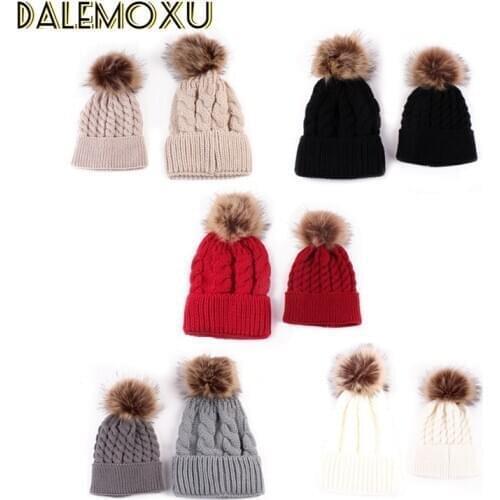 Mommy And Me Bonnets Winter Hat For Infant Baby Boy Girl Cap Fur Pompom Knitted Warm Toddler Kids Children Beanies Hat