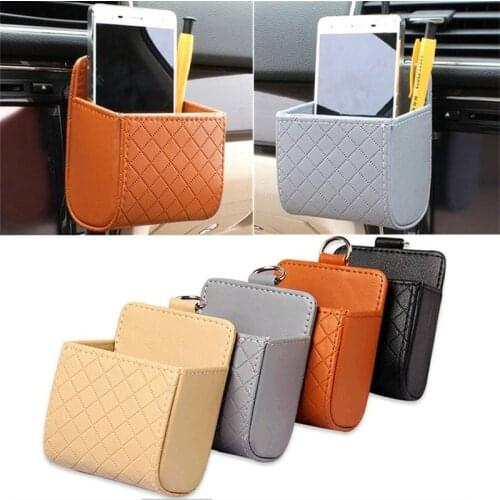 Car Air Vent Storage Bag Auto Air Conditioner Leather Organizer Sundries Storage Box For Mobile Phone Key Tissue With Hook