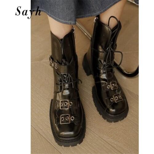 Woman Ankle Boots Round Toe Buckle Riding Boots Chunky Heels Patent Leather Combat Boots Shoes