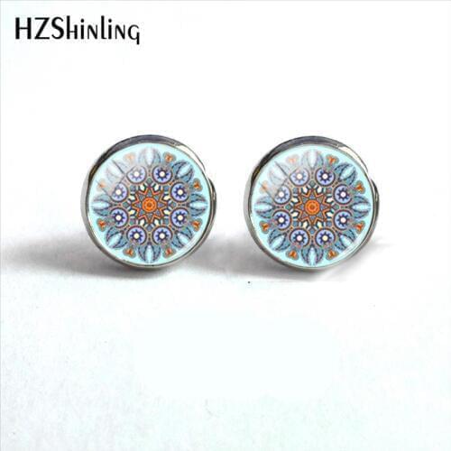 2018 New Colorfu Mandala With Floral Shapes Round Earring Indian Art Earrings Glass Cabochon Stainless Steel Ear Studs Women