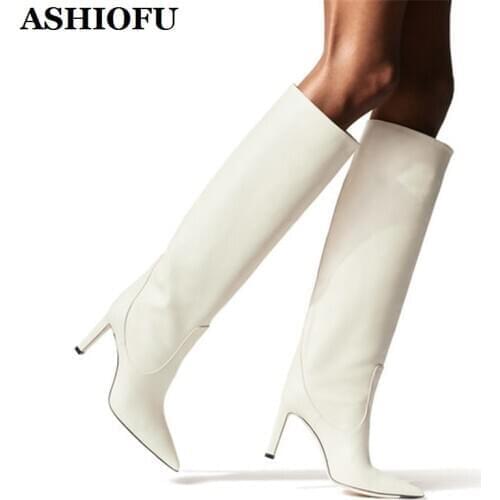 ASHIOFU Handmade New Ladies High Heel Knee Boots Wedding Party Prom Club Boots Sexy Evening Fashion Winter Boots White Shoes