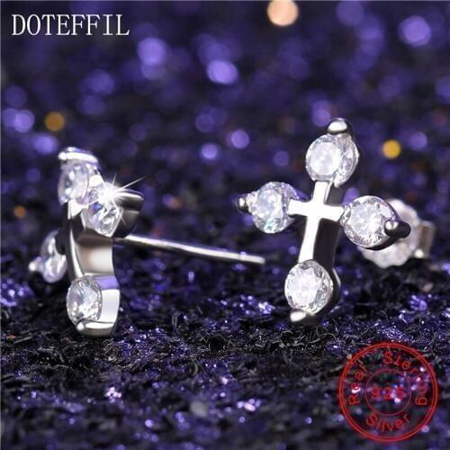 Women Earrings 925 Genuine Sterling Silver Religion Cross AAA CZ Stud Earrings Engagement Wedding Luxury Female Party Jewelry