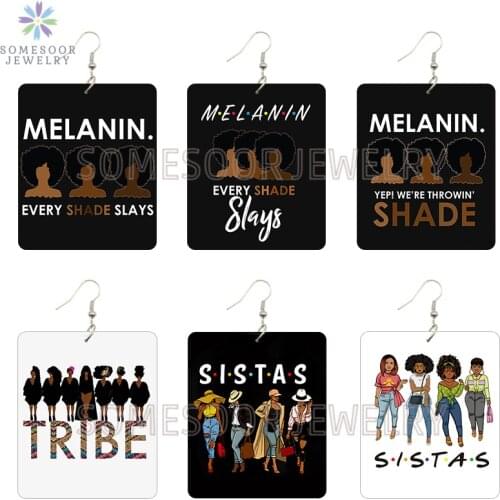 SOMESOOR Tribal Sistas Melanin Women Afro Natural Wooden Drop Earrings Every Shade Slays Printed Rectangle Square Dangle Jewelry