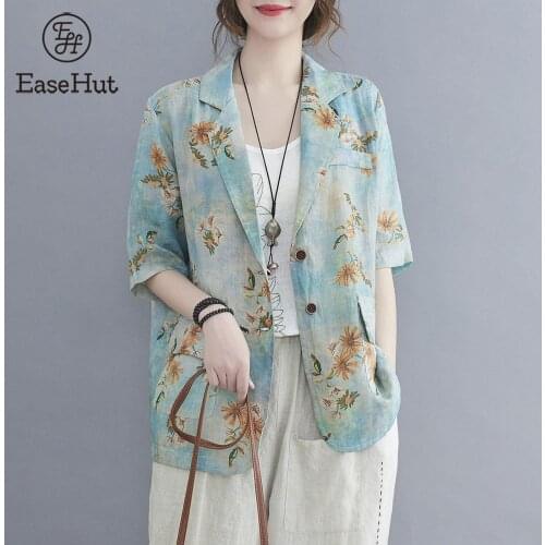 EaseHut Vintage Women Cotton Linen Blazer Floral Print Notched Lapel Half Sleeve Pocket Button Fashion Casual Coat Jacket 2021