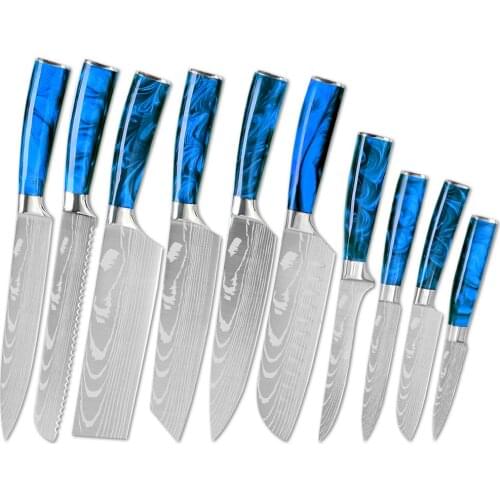 10 Pieces Kitchen Knives Set Blue Resin handle Laser Blade Cooking Knives Kitchen Fish Filleting Chef Cleaver Ultra Sharp Slicer