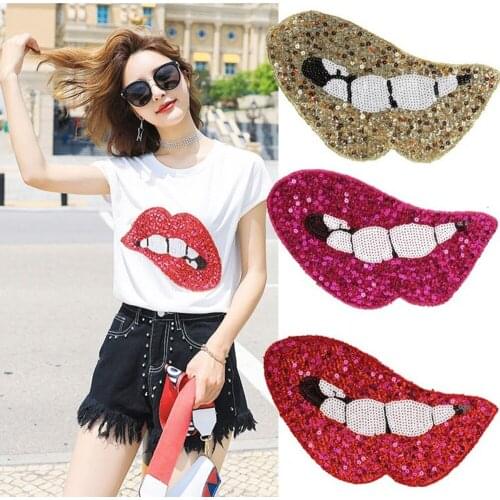 2021 DIY Big Red Lip Sexy Mouth Patches Applique Sewing Handmade Bling Bling Sequins Patch for Clothing Embroidered Appliques