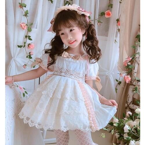 3PCS Summer Spanish Lace Bow Stitching Short Sleeve Vintage Princess Ball Gown Birthday Party Easter Girl Lolita Dress A243