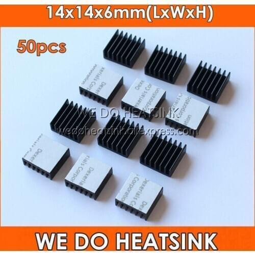 50pcs 14x14x6mm Black Heat Dissipation Aluminum Heatsink Cooler With Thermal Conductive Double Sided Tapes