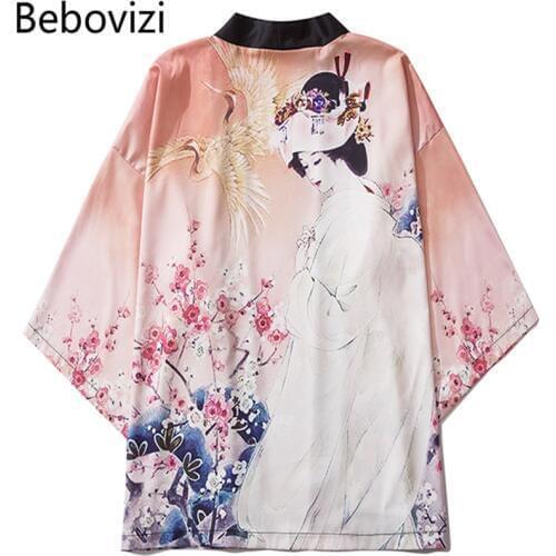 Bebovizi Casual Vintage Pink Women Print Clothes Traditional Kimonos Fashion Men Japanese Asian Style Beach Yukata Clothing