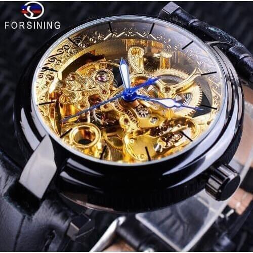 Forsining Fashion Black Golden Skeleton Watches Blue Luminous Hands Genuine Leather Mens Mechanical Wristwatch Waterproof Clock