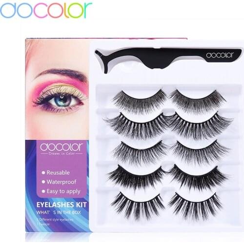 Docolor 5 Pairs Different False Eyelashes Faux Mink Hair Soft Fluffy Long Thick Eye Lashes Makeup Extension with 1pcs Tweezers