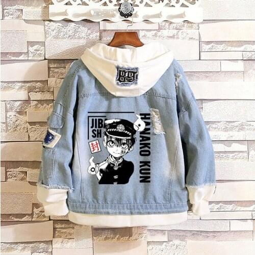 Anime Jibaku Shounen Hanako-kun Fake 2 Pieces Jacket Cosplay Casual Denim Jacket Autumn Hooded Sweatshirt Unisex Outwear Coat
