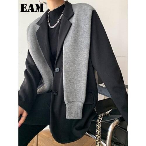 [EAM] Women Knitted Shawl Spliced Blazer New Notched Long Sleeve Loose Fit Jacket Fashion Tide Spring Autumn 2021 1DD2437