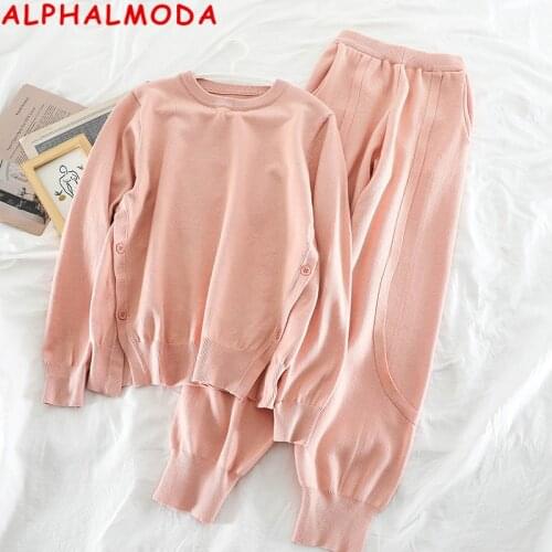 ALPHALMODA New Sweater Top Pants Set Women fashion casual suit Pullover loose T-shirt Haren Pants Female Comfy Soft Lounge Sets