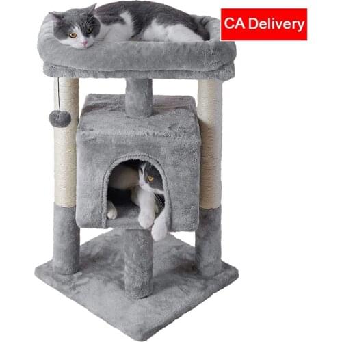 Cat Tree with Sisal Posts Roomy Condo Large Perch Dangling Ball for Small and Medium Cats Light Gray Fast shipping