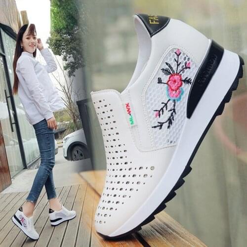 Women Casual Shoes Summer Spring Slip on Loafers Flower Mixed Colors Hollow Out Increasing Internal Height White Sneakers 35-40