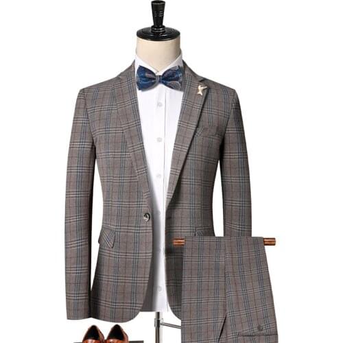 Jackets+Pants) Men high quality pure cotton business Blazers/Male slim fit plaid Grooms Wedding Dress/Man 2 pieces suits S-3XL