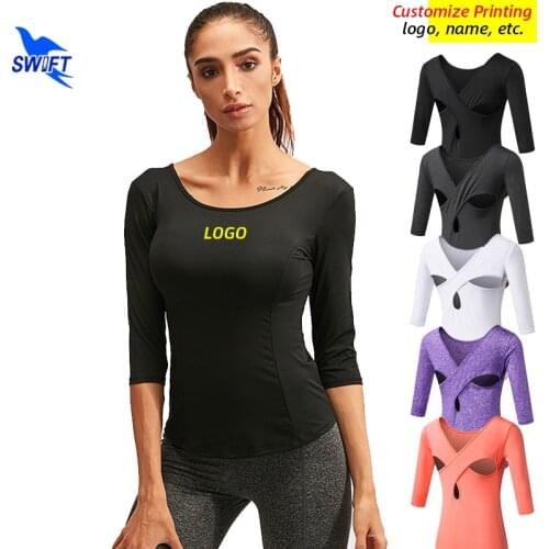 Summer Women 3/4 Sleeve Running T-Shirt Quick Dry Elastic Yoga Shirts Sexy Cross Back Slim Fit Gym Fitness Sports Tops Customize