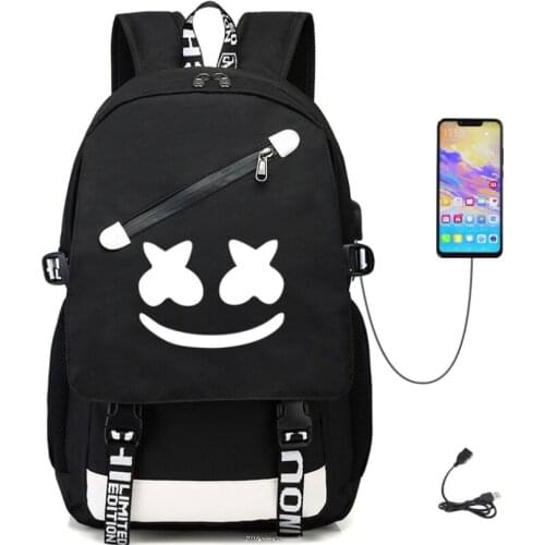 Hot sale DJ Marshmello Teenagers fashion Schoolbags USB men women Backpack Oxford cloth For Boy Girl cute bag mochila