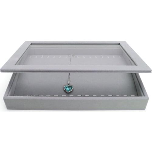 New Ice Gray Velet 16 Hooks Pendent Tray Jewelry Necklace Ring Display Organize With Plastic Cover For Jewellery Holder Counter