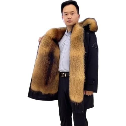 Hooded Parka Men Winter Real Muskrat Fur Coat Warm Thick Business Jackets Hooded Style Raccoon Fur Collar Plus Size Custom