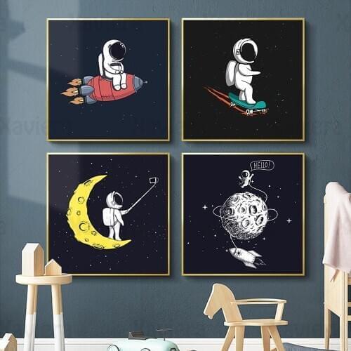 Abstract Cartoon Astronaut Outer Space Rocket Poster Childrens Room Decorative Art Canvas Painting Nursery Baby Room Pictures