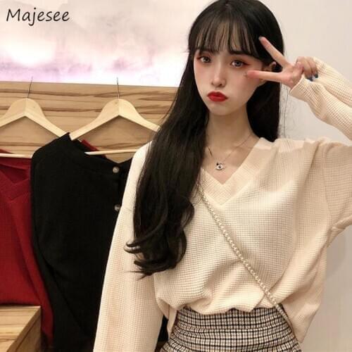 Pullovers Women Knitted V-neck Loose Long Sleeve Solid Simple All-match Preppy Style Students Harajuku Chic Sweaters Tops Female