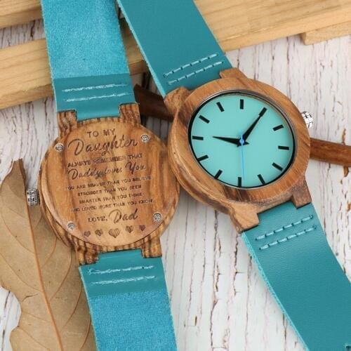 Family Gifts DIY Customized Logo Watch To My Daughter Daddy Love You Wood Clock Chic Blue Leather Girls Women Woody Quartz Watch
