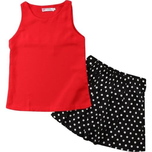2Pcs Sleeveless Girls Kids Toddler Chiffon Tops+Dot Skirt Outfits Set Clothes