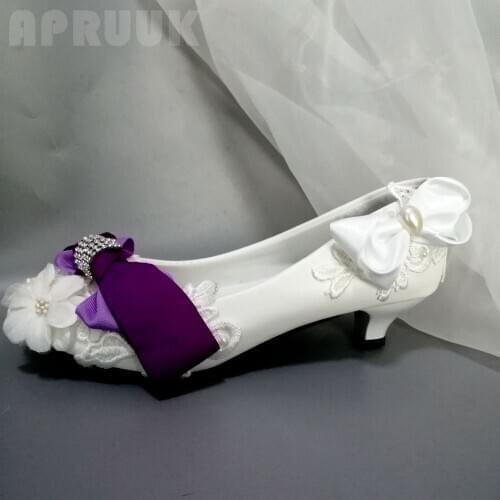 3CM tiny heel white lace purple bow wedding shoes bridal brides bridesmaid handmade appliques club parties ladies pumps shoe