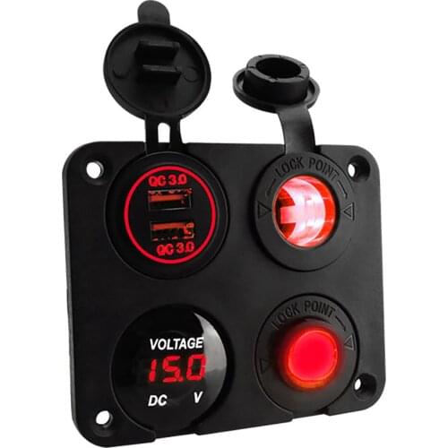 4 In 1 Dual USB Socket Charger LED Voltmeter 12V Power Outlet Panel With Switch For DC12-24V Car Motorcycle Marine Boat RV Truck
