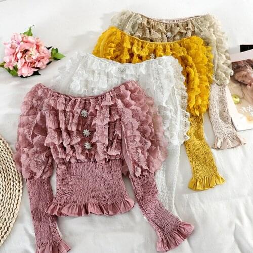 2021 Spring Autumn Women Puff Sleeve Slash Neck Ruffles Chic Shirt Lady Short Elastic Slim Waist Lace Button Party Blouse Tops