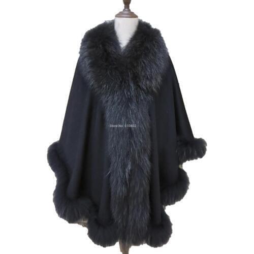 Women Luxury Real Cashmere Genuine Racoondog Fur Cloak/ Poncho/ Cape/Coat /Elegance Oversize Black