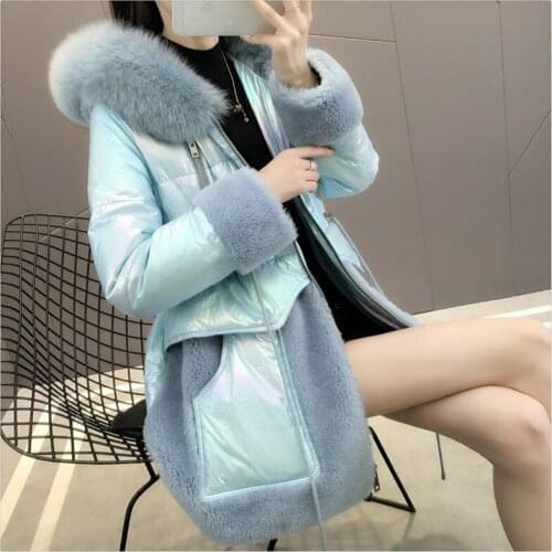 Lambswool And Glossy Splicing Winter Jacket Women 2021 Down Cotton Parkas Female Big Fur Collar Down Cotton Jacket Women coat C