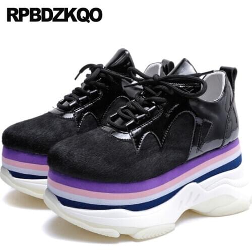 Famous runway wedge round platform pumps black high heels quality ladies brand shoes toe size 4 34 2019 luxury lace up italian