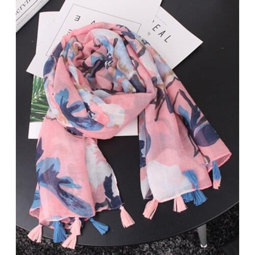 Women long Spring Cotton flower print sjaal fringe tassel scarf,viscose big soft hair scarf stole for ladies,Muslim hijab wraps