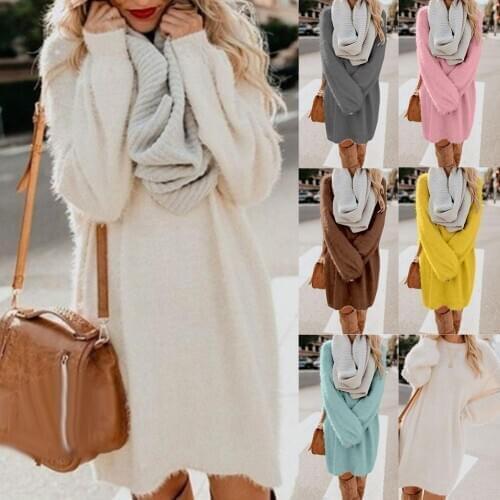 Women Sweater Dress Autumn Winter Dresses for Women weaterSs Solid Color O Neck Sweater Fluffy Loose Pullovers Knee-length Dress