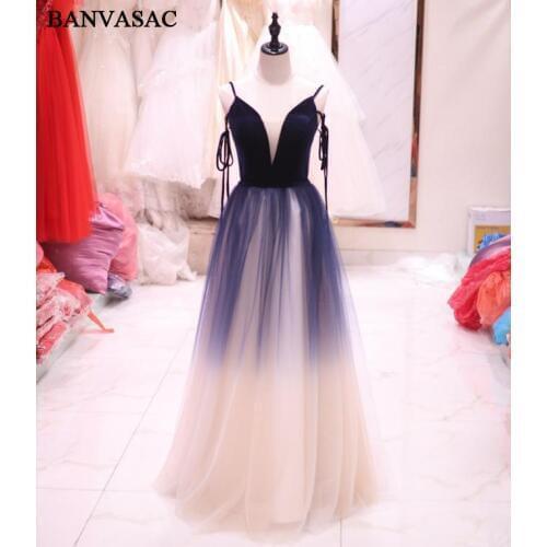 BANVASAC Velvet V Neck Gradient Color A Line Long Evening Dresses Party Spaghetti Strap Sash Backless Prom Gowns