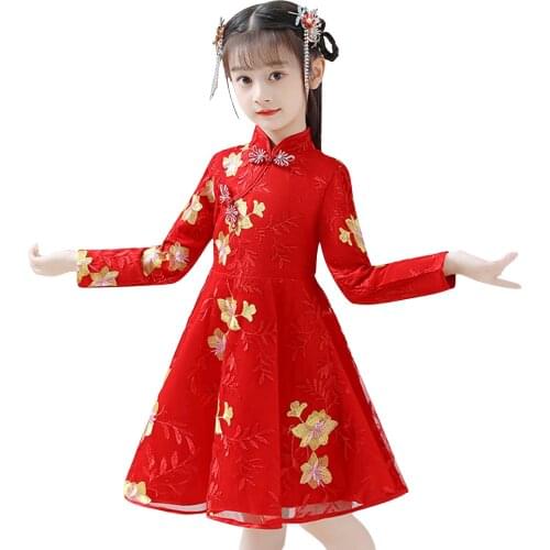 Winter Girls Kids Princess Tang Cheongsam Qipao Dress Embroidery Cotton-Pad Children Baby Red New Year Princess Dresses Clothes