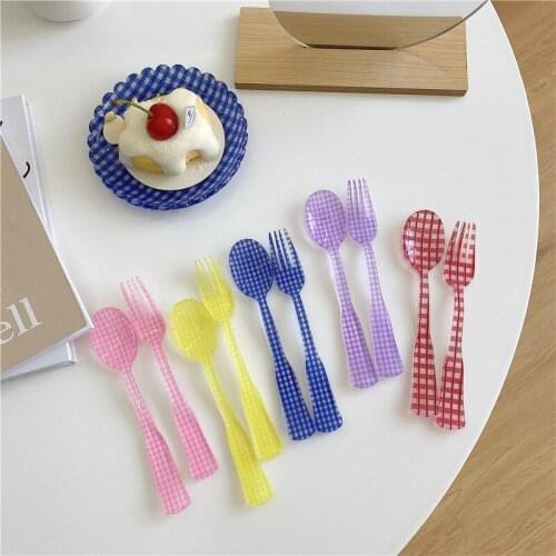 1 Set French Style Retro Plaid Dessert Spoon and Fork Plastic Tea Coffee Mixing Spoon Vintage Drink Tableware Flowers Teaspoons