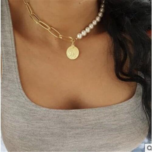 2021 New Trend Retro Coin Head Pendant Pearl Necklace Personality Fashion Gold Female Jewelry Chain Necklace Party Gift