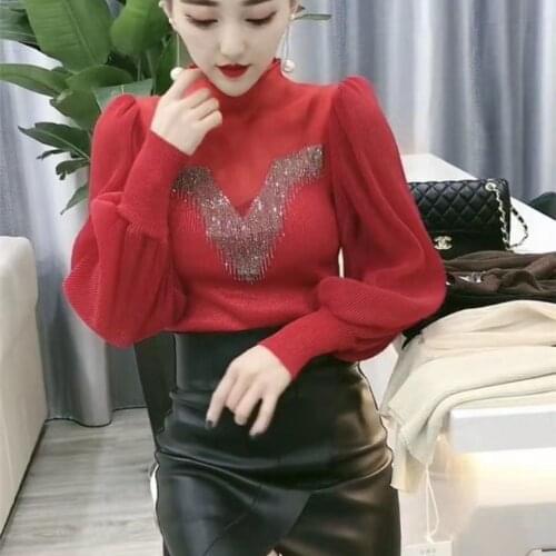 2021 Spring New Hot Diamond Lantern Sleeve Backing Shirt Womens T-shirt Top