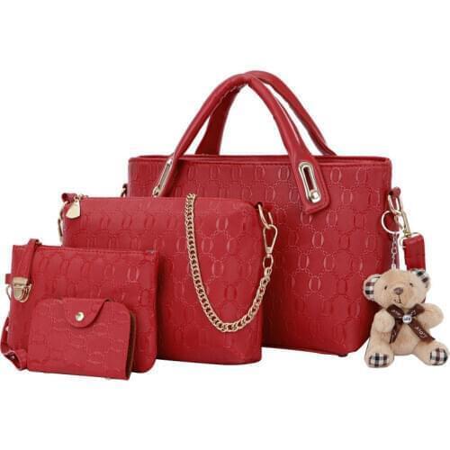 4Pcs/Set Elegant Ladies Bear Pendant Handbag Shoulder Bag Girls Fashionable PU Leather Casual Messenger Tote Bag