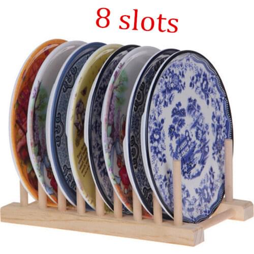 8 Slots Dish Plate Drain-Rack Wooden Dish Rack Plate Stand Shelf Display Holder Drying Rack Kitchen Storage Organizer
