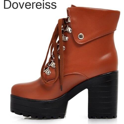 Fashion winter new sexy Pure color white brown Round toe white Elegant Cross tied new Chunky heels Ankle boots 33-43