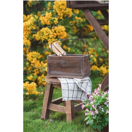 Handmade retro vintage wooden baskets with metal wire handle