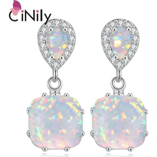 CiNily Blue White Fire Opal Stone Long Stud Earrings Silver Plated Tear Drop Filled Earring Wedding Engagement Party Jewelry